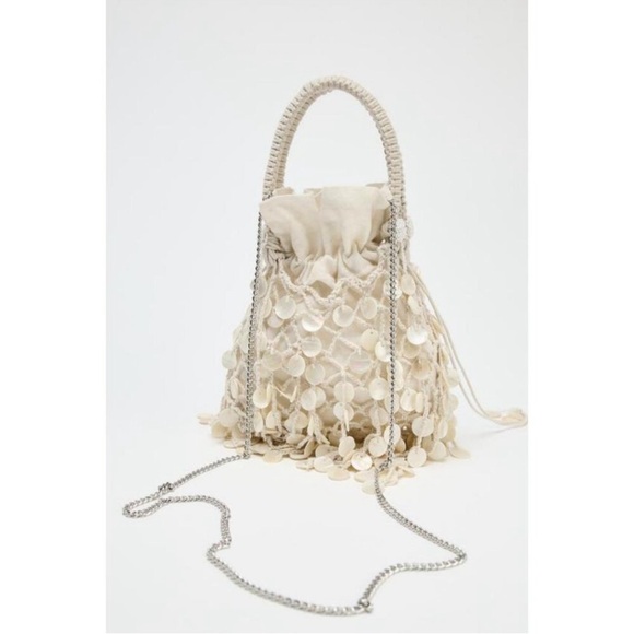 Zara Pearlescent Shell Beaded Bucket Bag Mini Cream Coastal Resort Blogger NWT - Picture 4 of 13